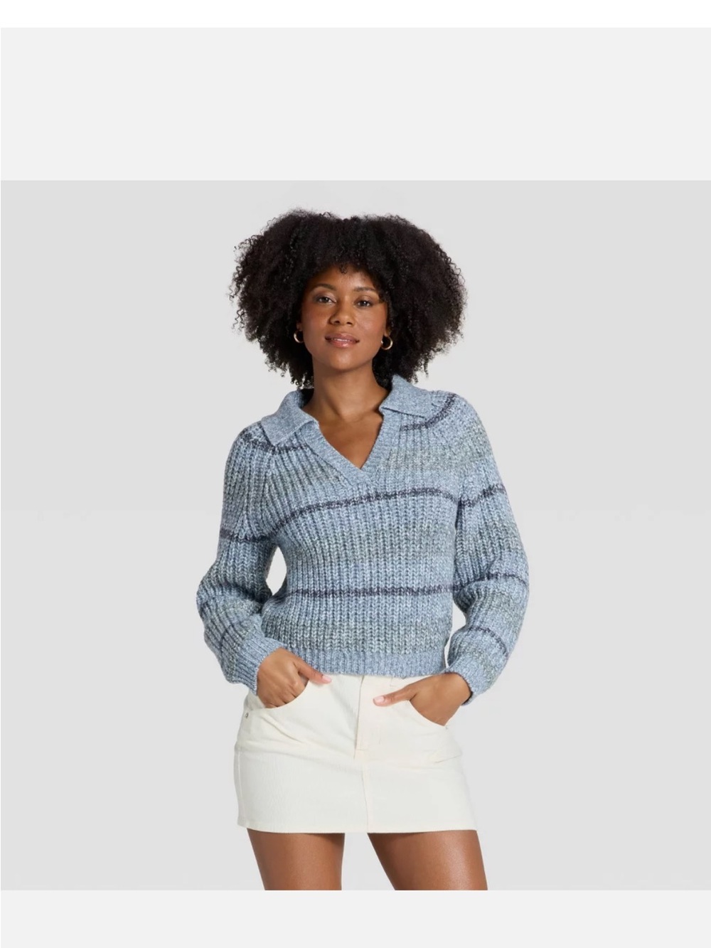 Universal Thread Blue Ribbed V-Neck Sweater with Collar